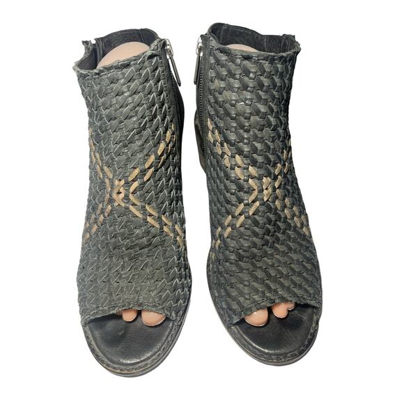 Sam Edelman Cooper Leather Sandals Size‎ 8.5 Black Taupe Woven Bootie Peep Toe - Picture 2 of 8